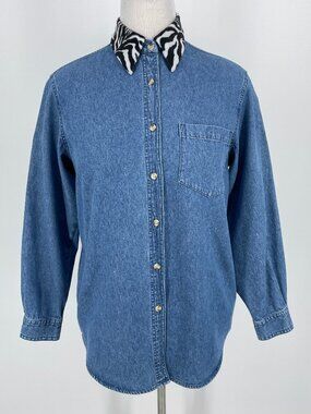 Life Style Blue Denim Shirt with Zebra Print Collar Size M